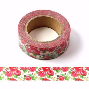 Washi páska / Květinová s metalickými srdíčky